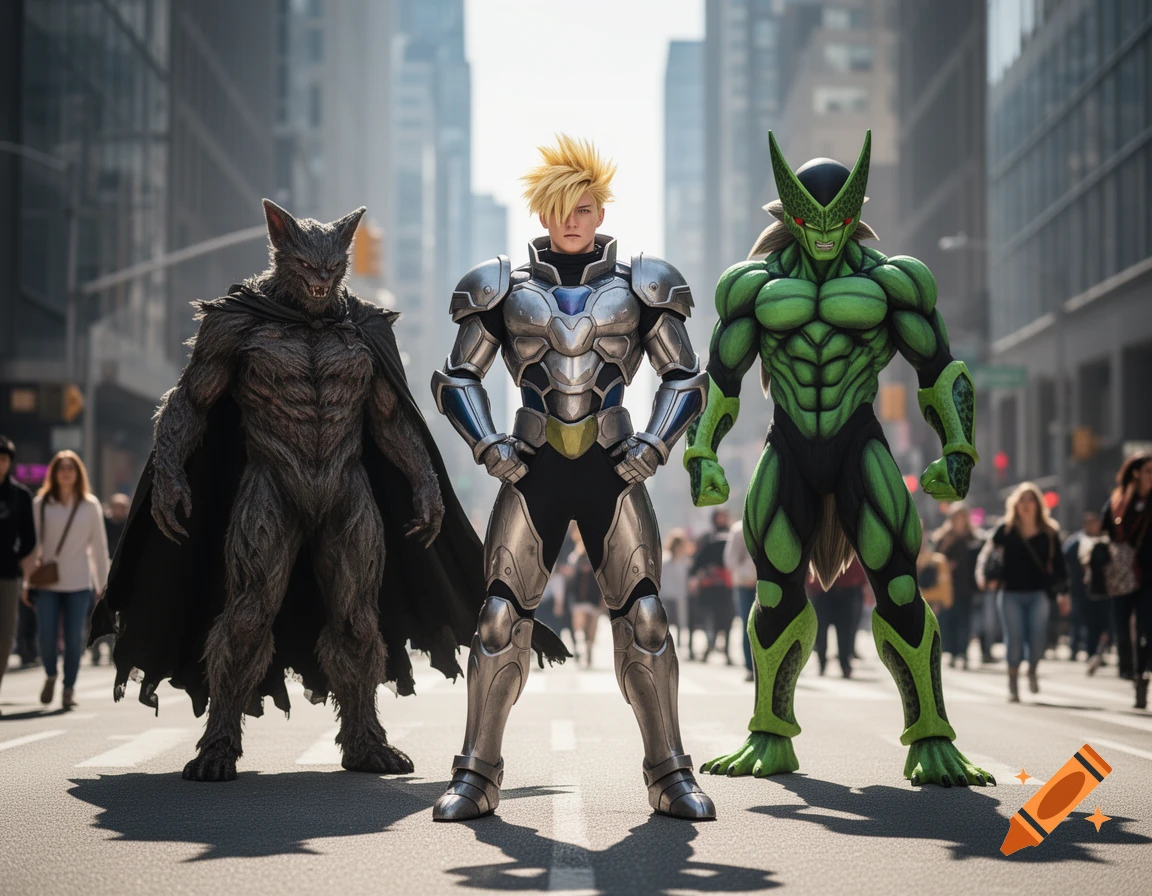 Three muscular, stylized characters stand on a city street. A furry wolf-like creature in a cape, a blond man in silver armor, and a green alien-like being.