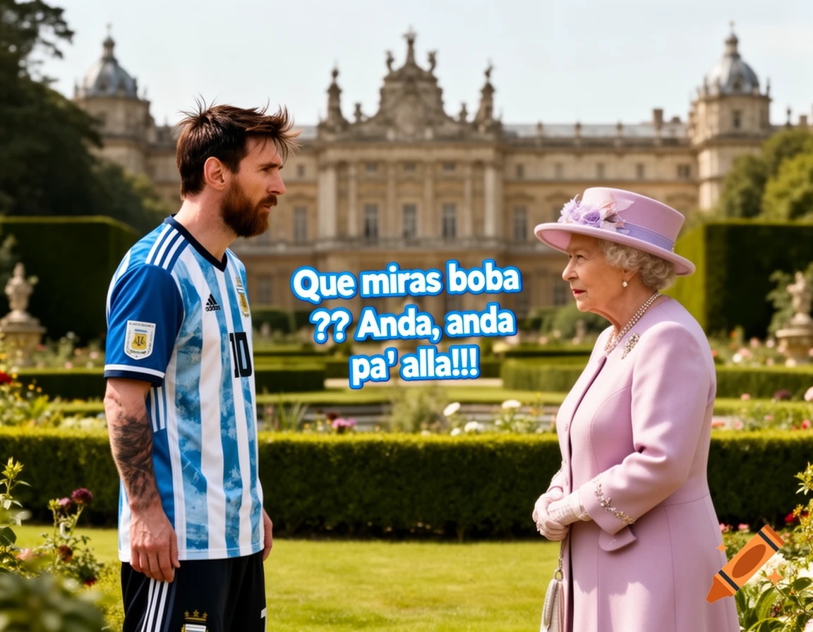Lionel Messi in an Argentina jersey faces Queen Elizabeth II in a lilac outfit in a formal garden with a palace. Blue text reads 'Que miras boba ?? Anda, anda pa' alla!!!'.