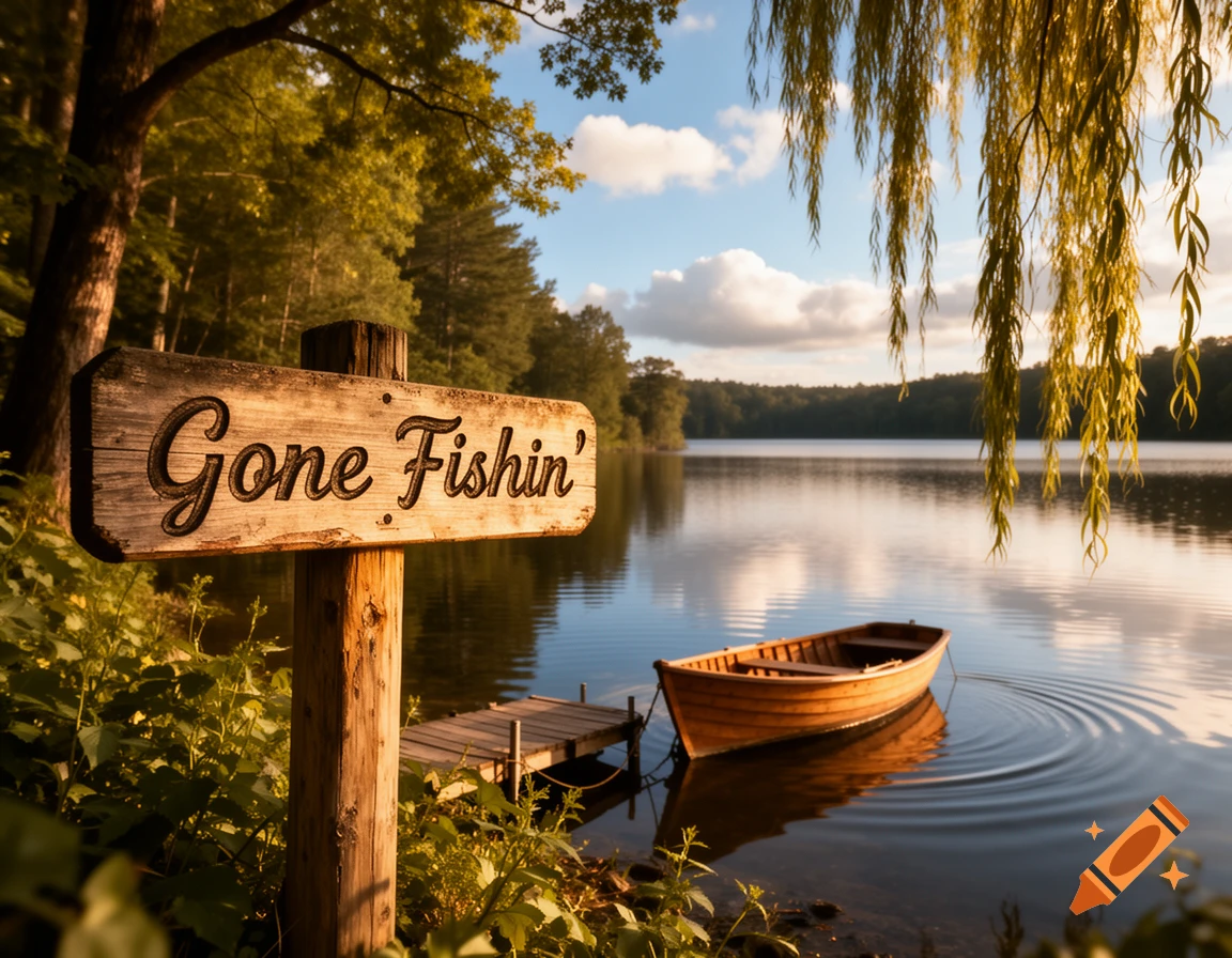 A tranquil lake scene with a wooden boat by a dock and a sign reading 'Gone Fishin'', surrounded by green trees under a sunny sky.