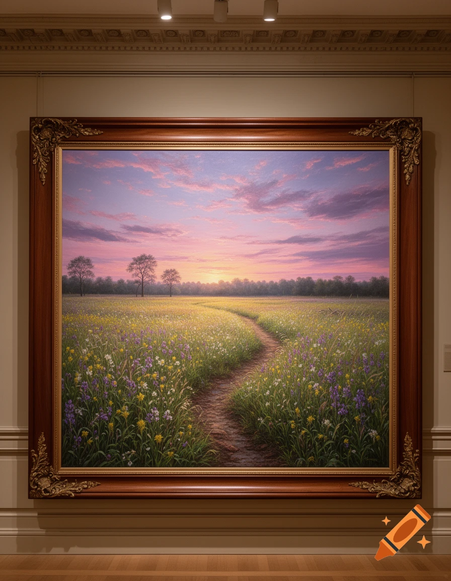 A vibrant painting of a winding path through a field of wildflowers at sunset, displayed on a gallery wall.