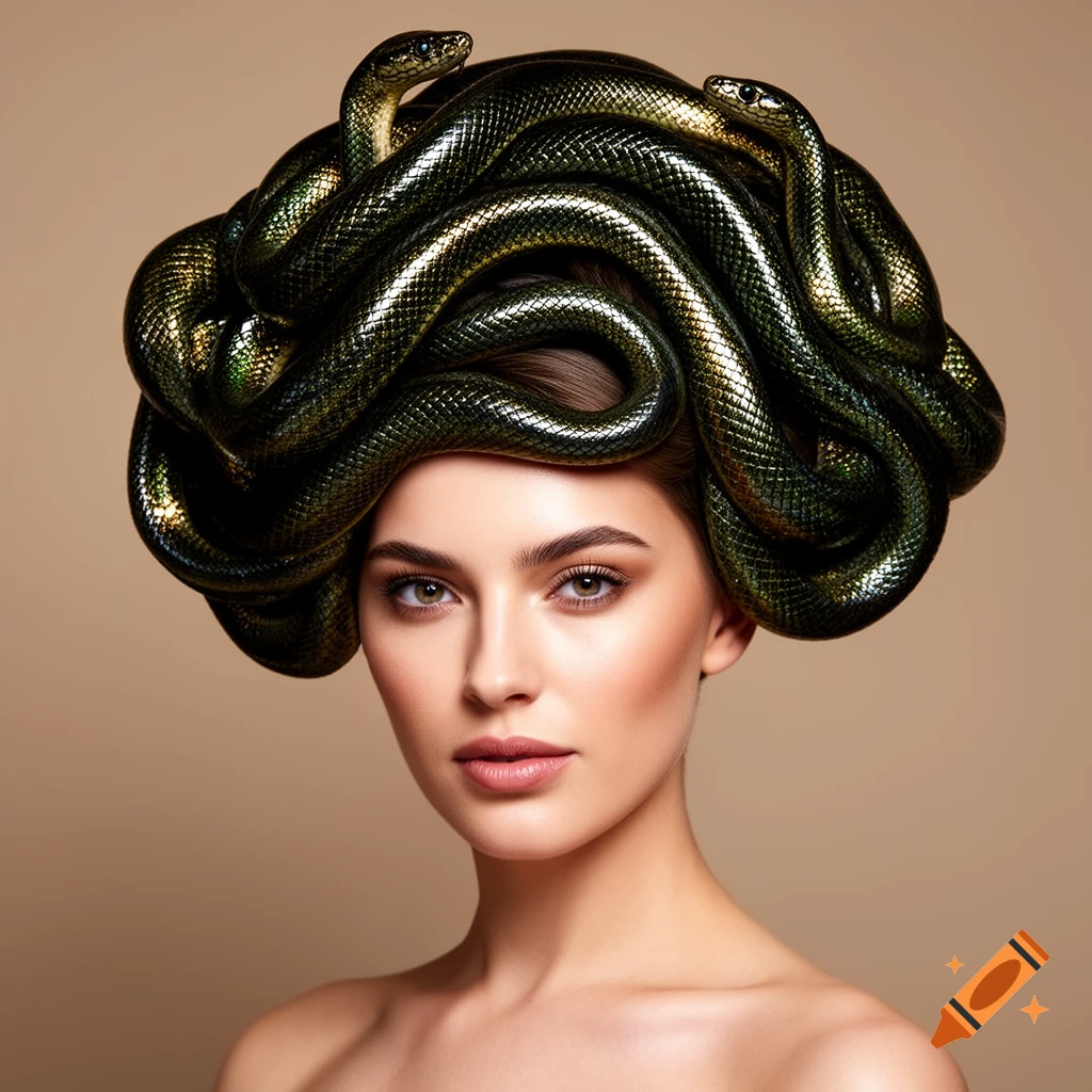 A photorealistic portrait of a woman with metallic green snakes arranged as her hair, on a neutral background.