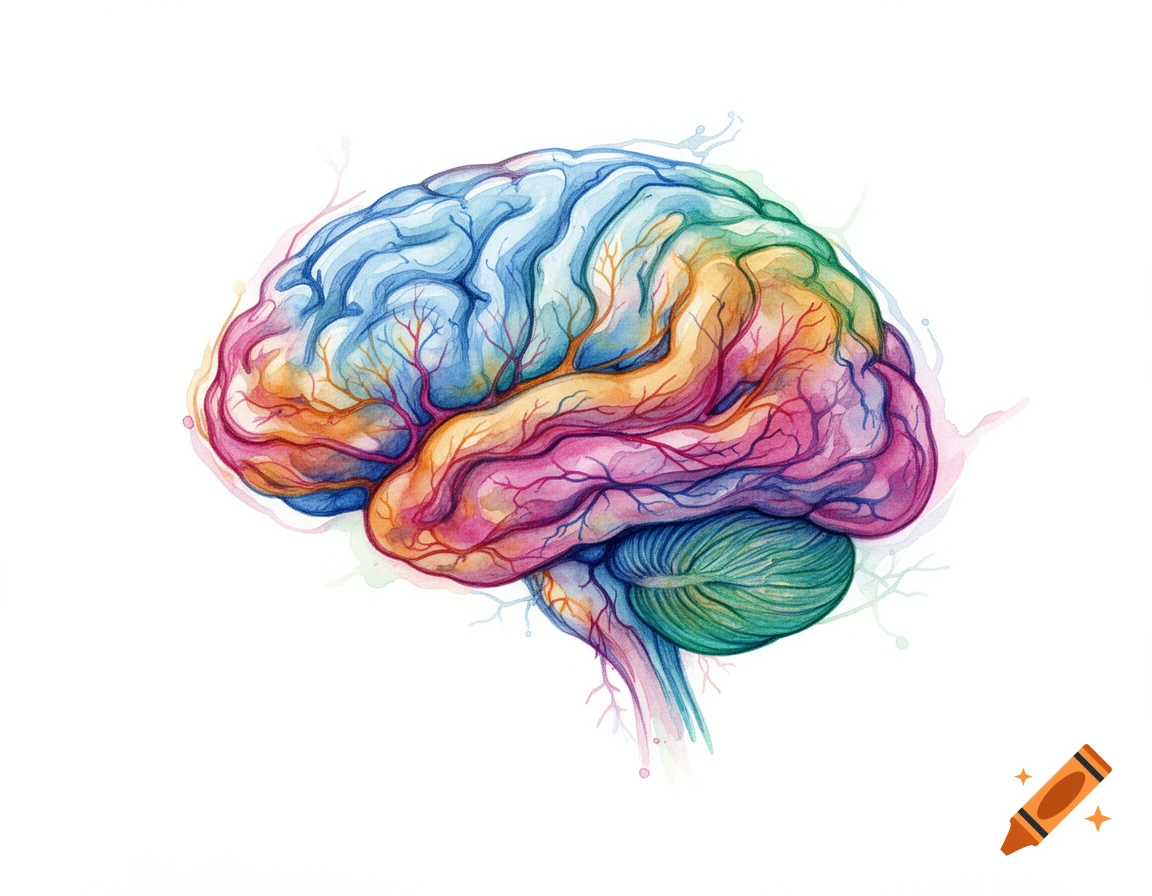 A vibrant, artistic watercolor painting of a human brain, depicted in various bright colors against a white background.