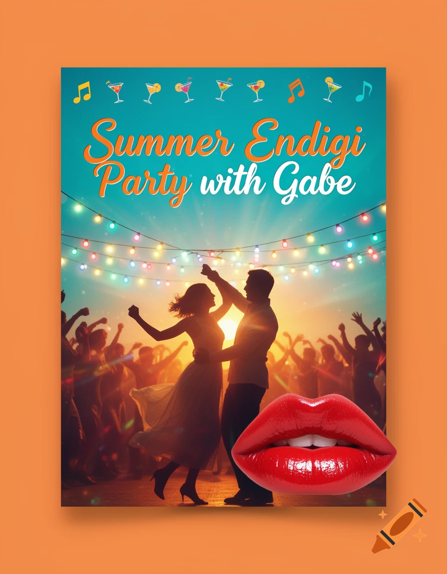 A vibrant summer party invitation card with a dancing couple, a crowd, string lights, red lips, and text 'Summer Endigi Party with Gabe'.