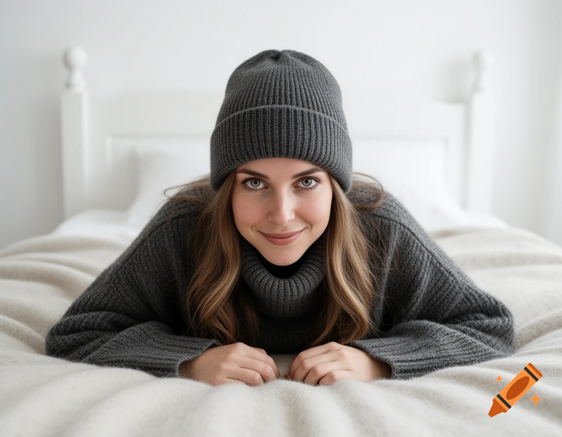 A young woman wearing a dark grey beanie and turtleneck sweater lies smiling on a light fluffy blanket on a bed, looking directly at the camera.