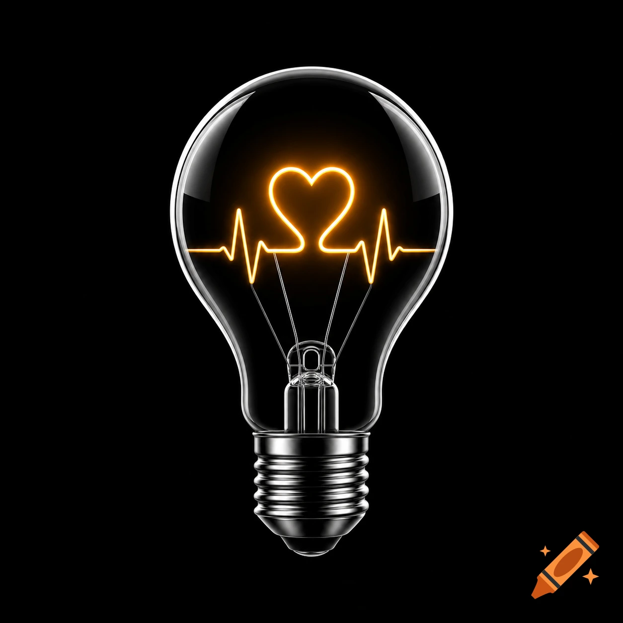 A glowing orange EKG heartbeat line leading to a heart shape inside a clear lightbulb on a black background.