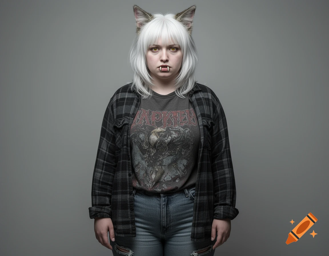 A woman with white hair, wolf ears, and fangs, wearing a plaid shirt over a dark band t-shirt, and ripped jeans, stares forward.
