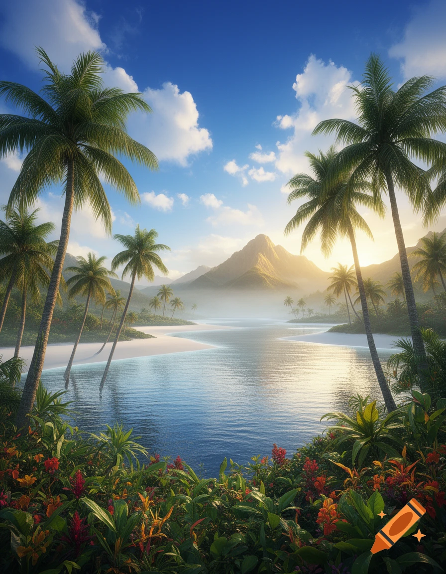 Photorealistic tropical landscape with palm trees, a winding river, white sand, lush plants, and sunlit mountains under a blue sky.