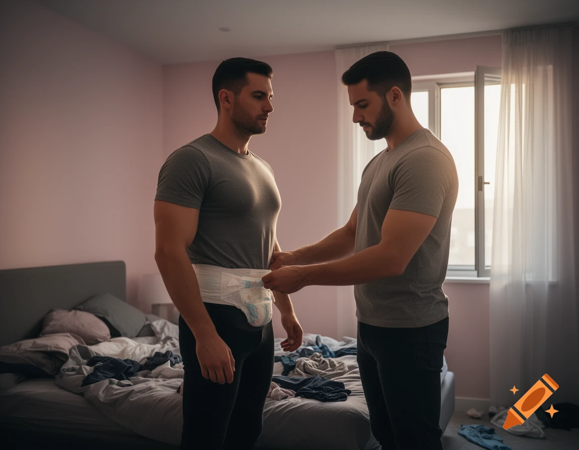 Two men in a bedroom, one in a gray t-shirt and black pants, wearing a diaper, while another man in similar attire helps secure it.