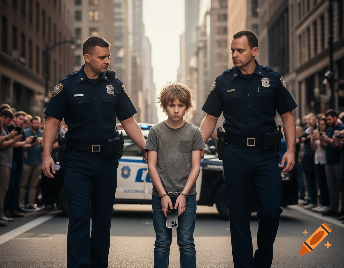 Two police officers escort a young boy in handcuffs holding a smartphone down a city street, with a crowd of onlookers in the background.