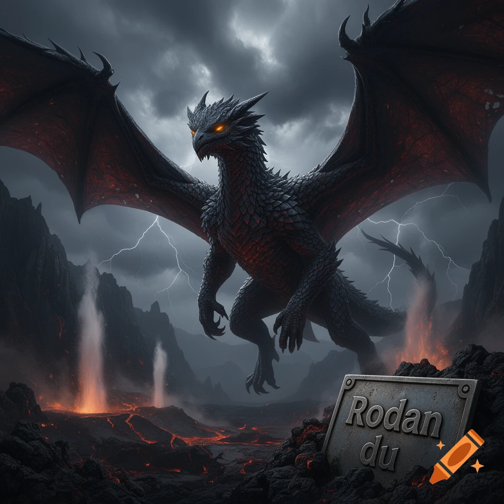 A powerful dark dragon with glowing orange eyes and wings spread, hovers over a stormy volcanic landscape with lava and lightning.