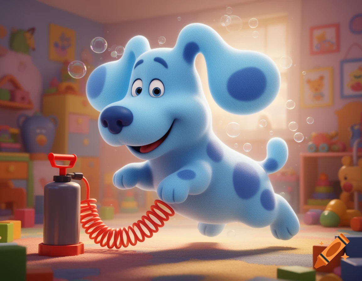 Blue from Blue's Clues, a blue spotted dog, floats in a playroom with a red air pump and bubbles, in a 3D cartoon style.