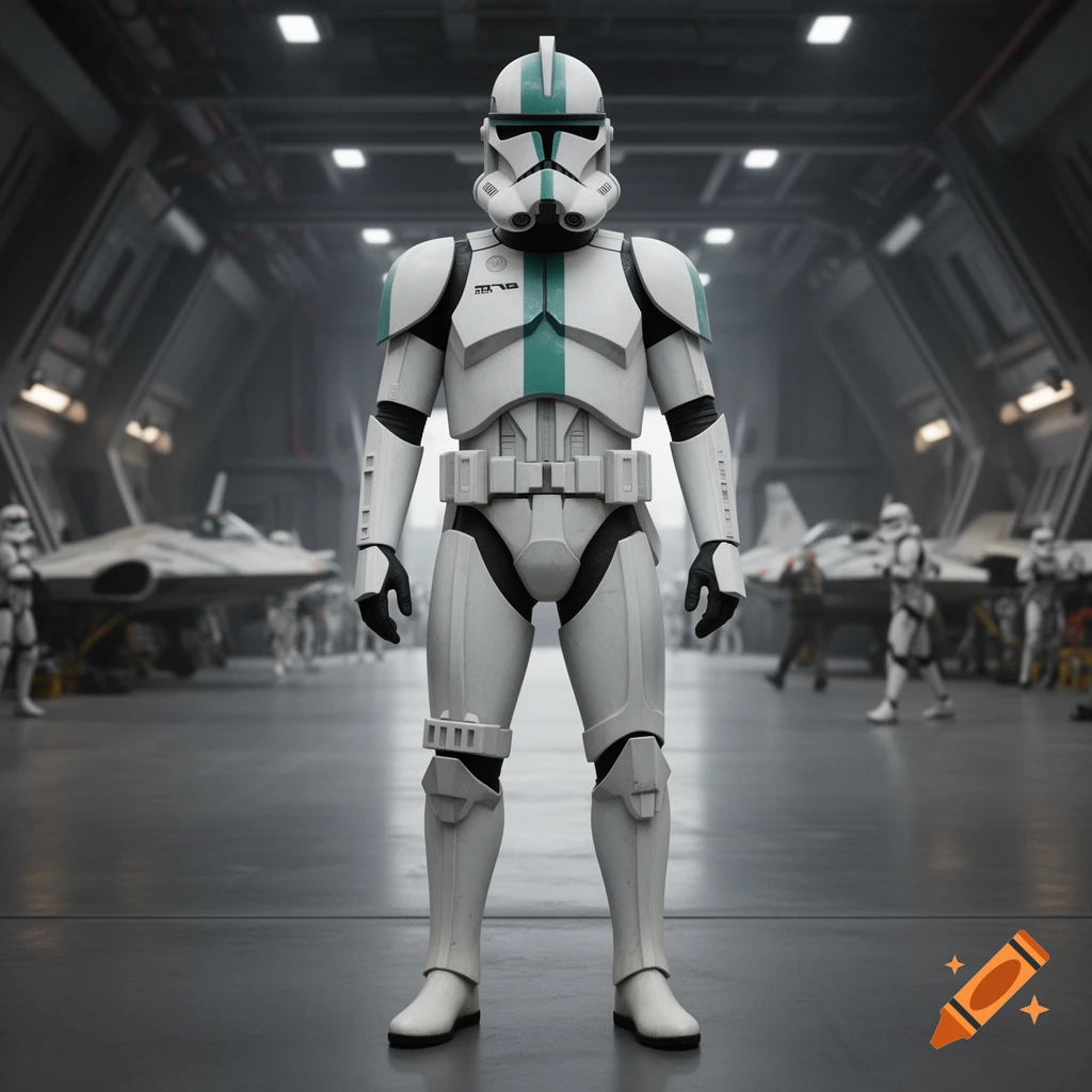 Photorealistic clone trooper in white and teal armor standing in a hangar bay with spacecraft and other troopers.