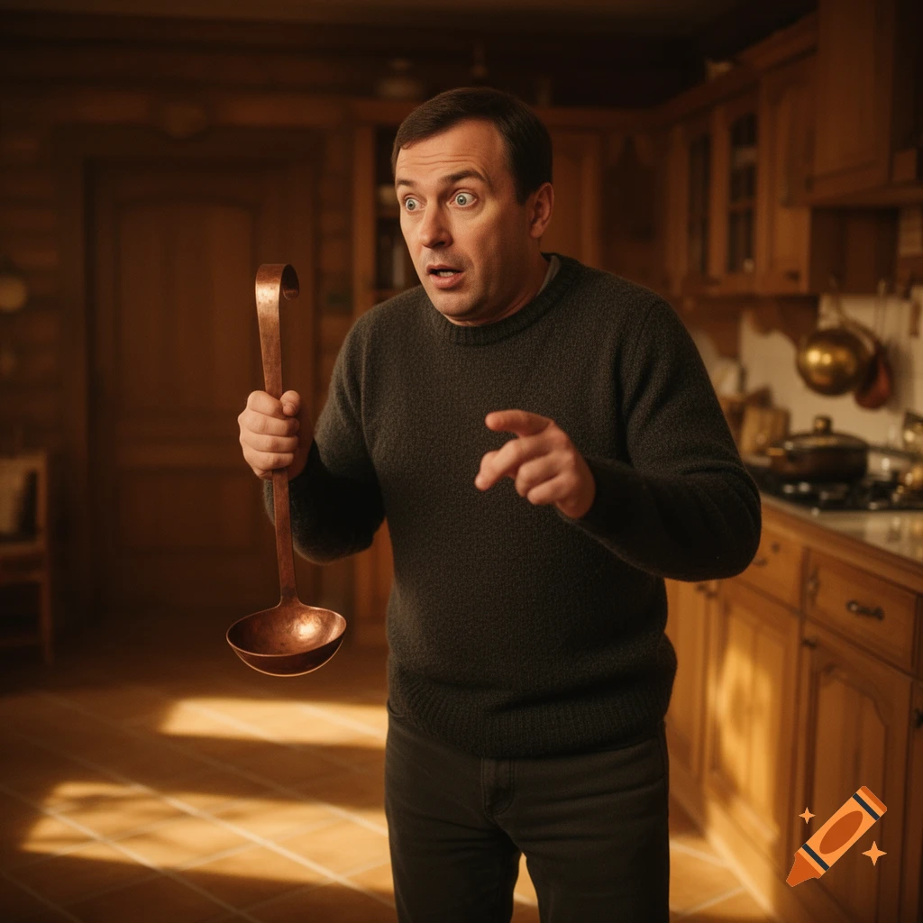 A man with a surprised expression holds a large copper ladle and points, standing in a rustic kitchen.