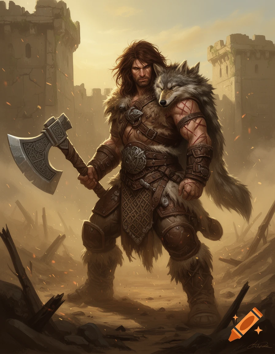 A muscular barbarian warrior with an axe and wolf pelt in a desolate, battle-scarred landscape with castle ruins, in a fantasy illustration style.