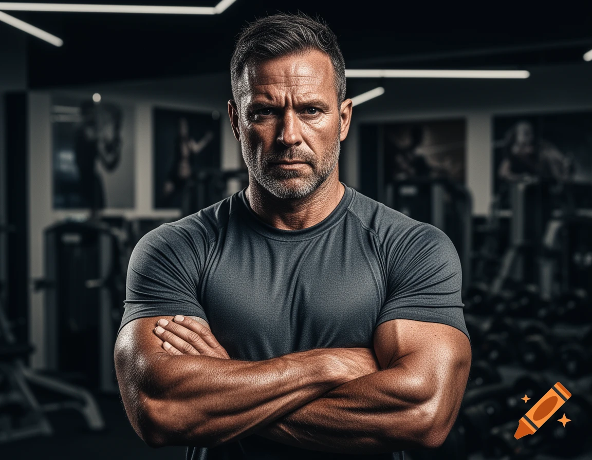 Photorealistic portrait of a serious, muscular man with crossed arms in a gym, looking directly at the viewer.