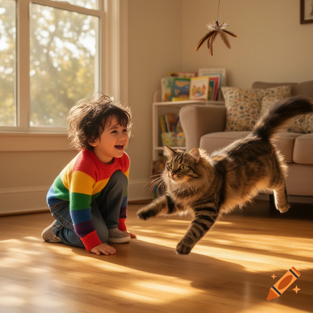 A happy child in a rainbow sweater watches a tabby cat leap in a sunlit room, playing with a feather toy.