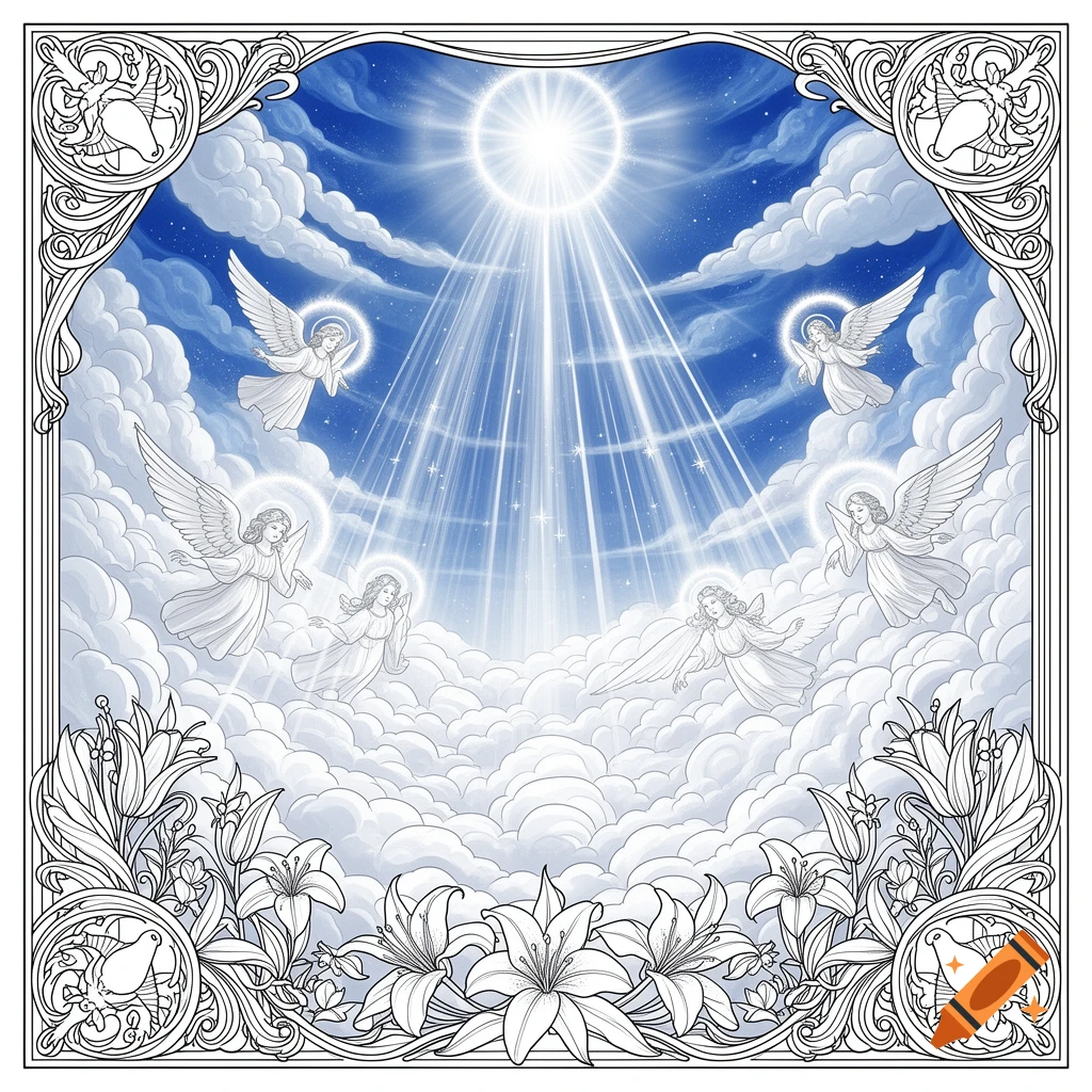 Coloring page of angels flying in a cloudy heaven towards a bright light, with a decorative border of lilies and birds.