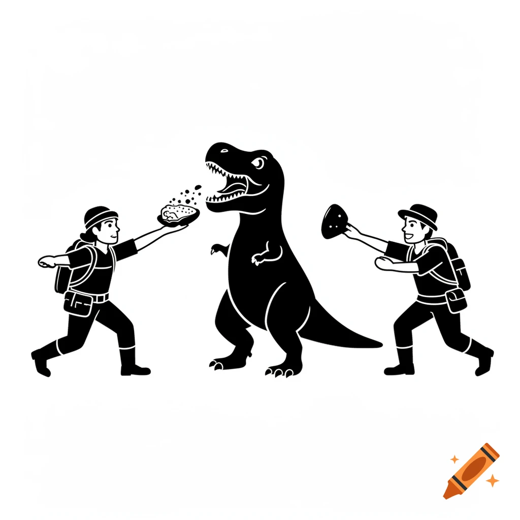 A black and white pictogram of two adventurers feeding a T-Rex, one offering a plate of food, the other throwing an item.
