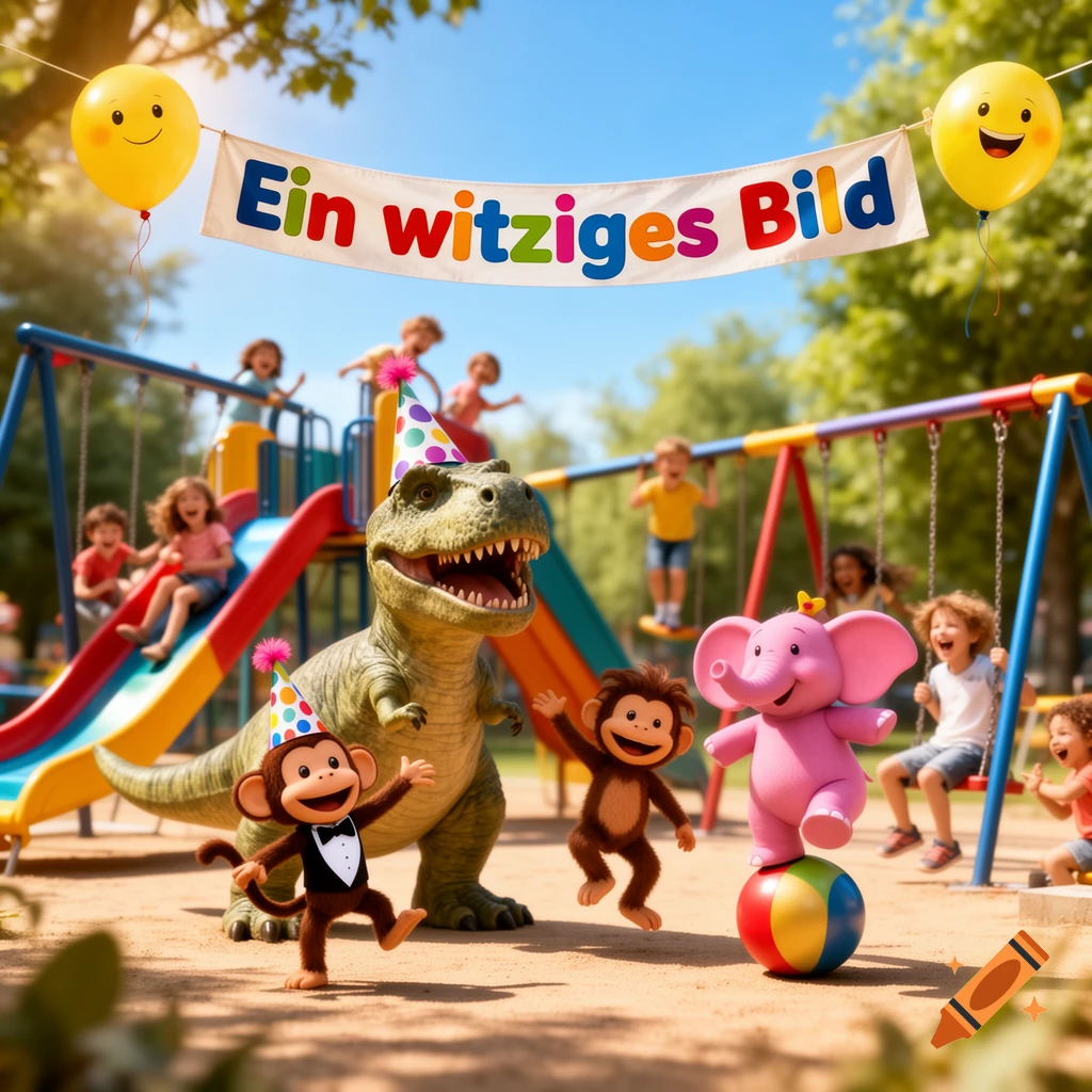 A playful playground scene with children, a dinosaur, two monkeys, and a pink elephant balancing on a ball, under a banner that reads 'Ein witziges Bild'.
