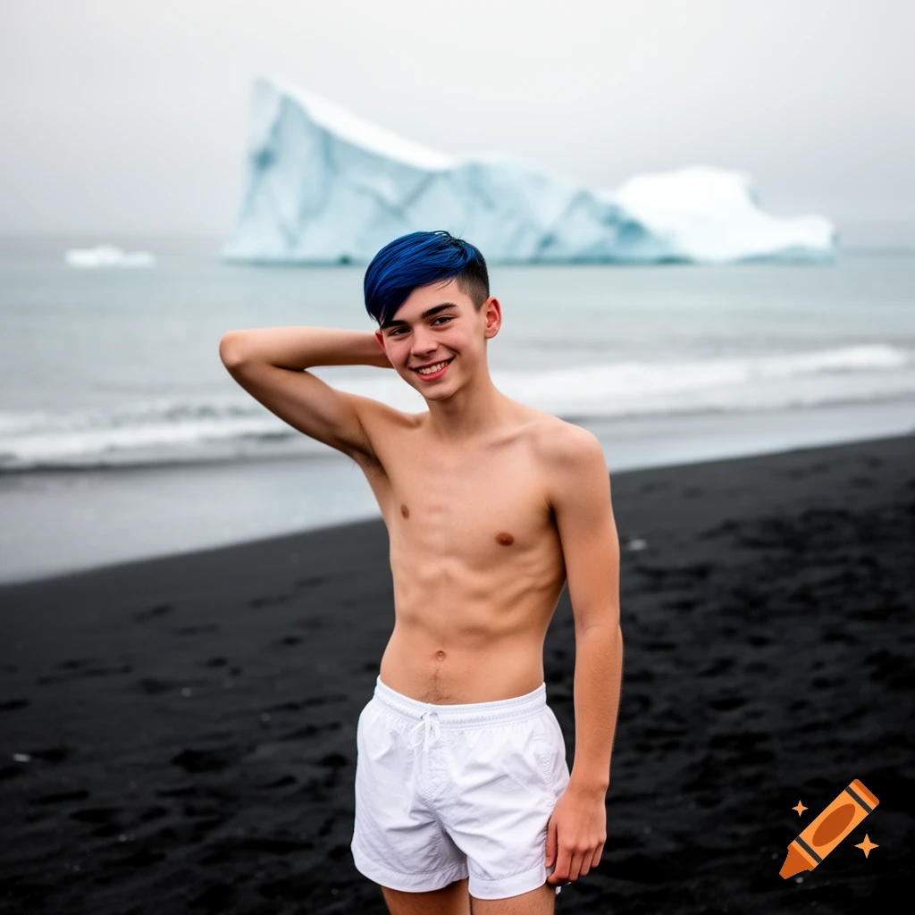 Smiling young man with blue hair, bare-chested in white shorts, standing on a black sand beach with a large iceberg in the ocean.
