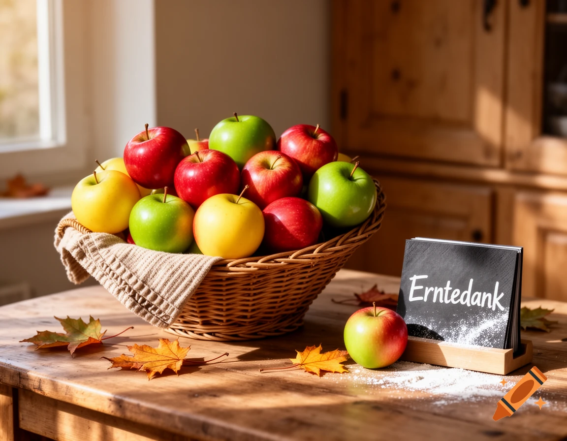 A photorealistic image of a wicker basket filled with colorful apples on a wooden table with autumn leaves and an "Erntedank" sign.