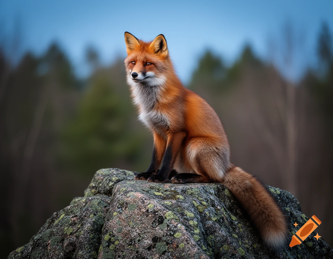 A photorealistic red fox sits calmly on a moss-covered rock with a blurred forest background.