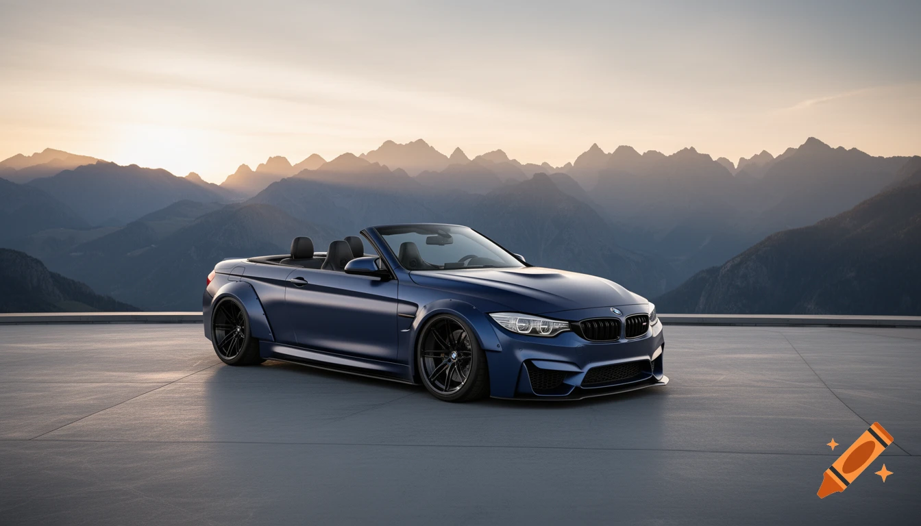 A dark blue BMW M4 convertible parked on a paved platform with a mountain range and sunset in the background.