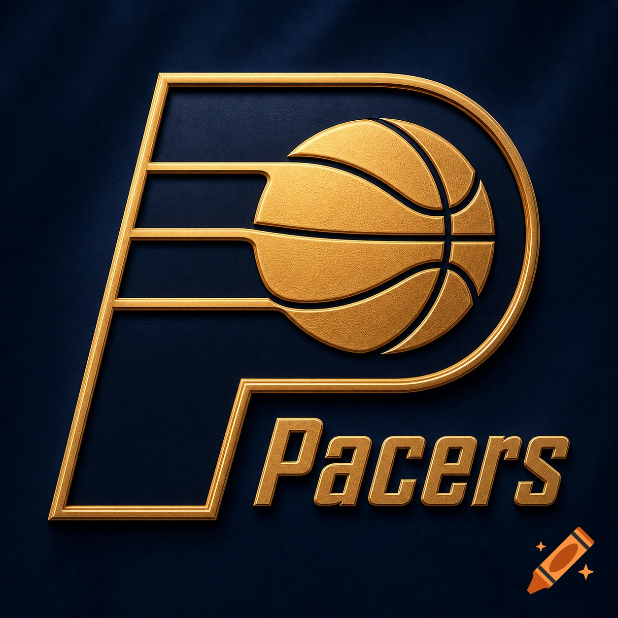 3D gold Indiana Pacers basketball logo on a navy background, featuring a stylized 'P' and the word 'Pacers'.