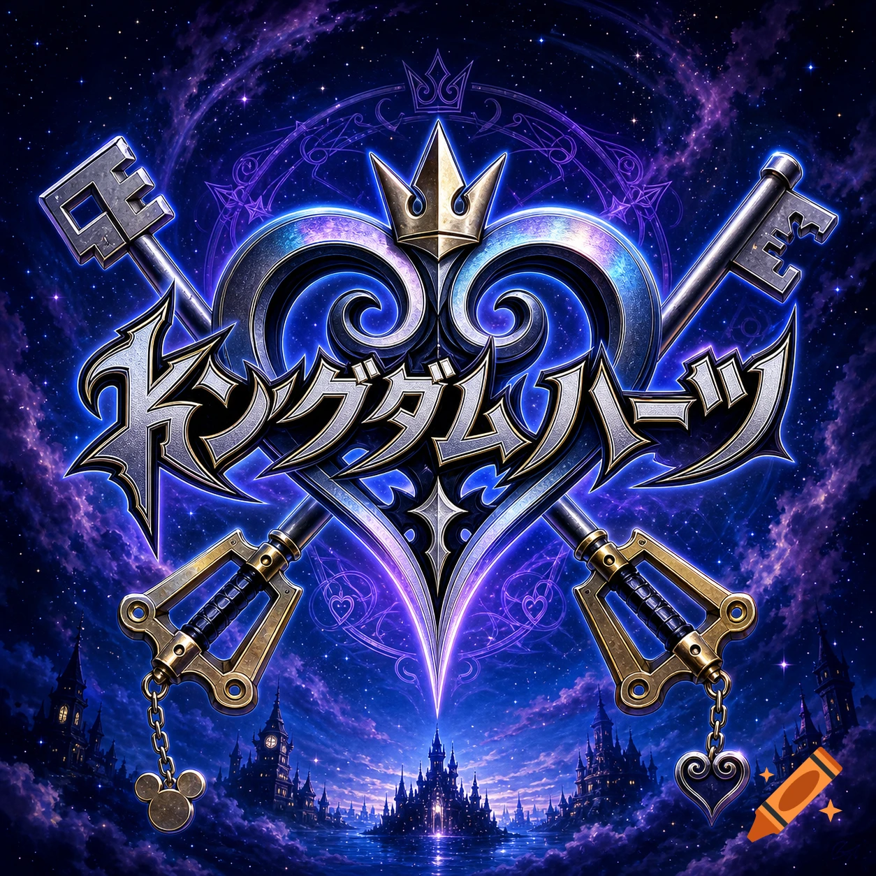 Kingdom Hearts logo featuring a silver heart, golden crown, and two crossed keyblades over a starry sky with castles.