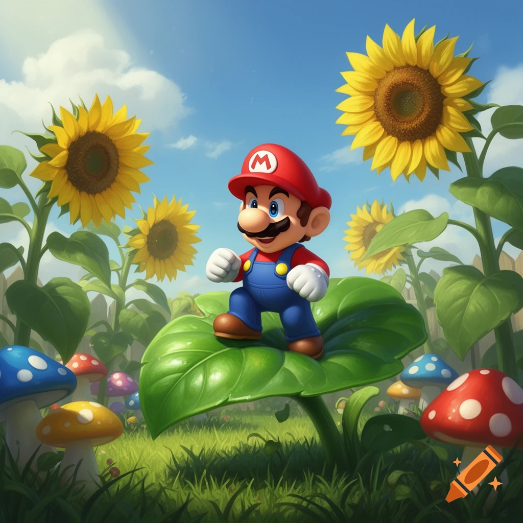 Cartoon Mario stands on a large green leaf amidst tall sunflowers and colorful mushrooms under a bright blue sky.
