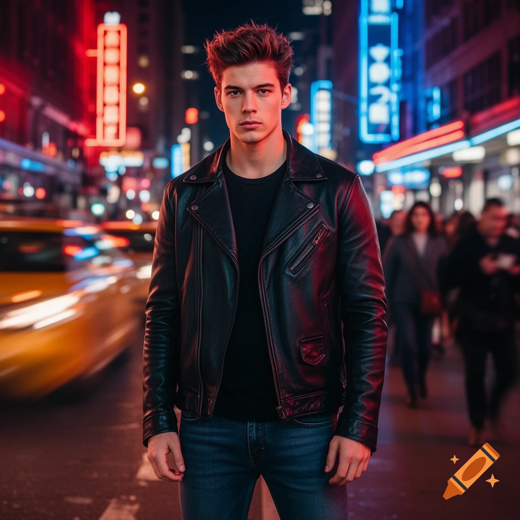 A man in a black leather jacket and jeans stands on a city street at night with neon lights and blurred traffic.