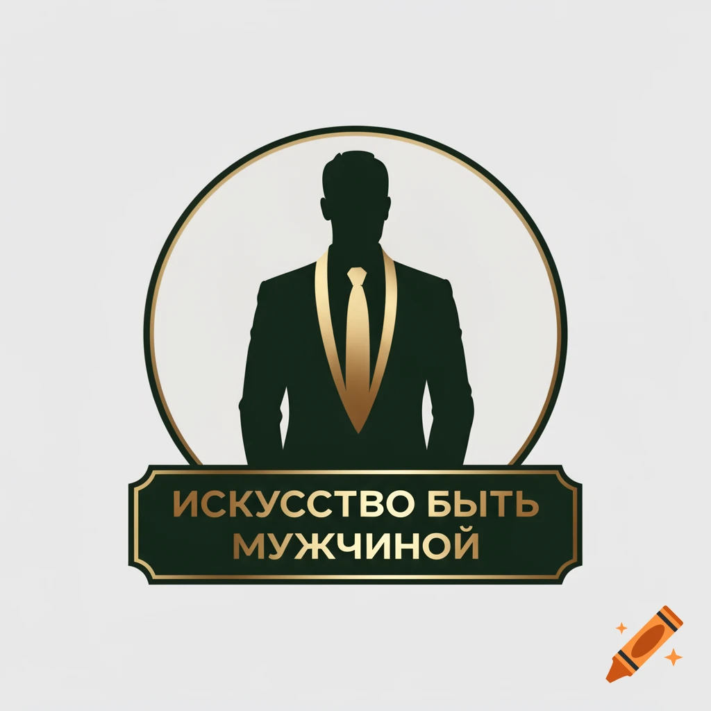 Logo with a dark green silhouette of a man in a suit and gold tie in a circle, over a banner reading 'ИСКУССТВО БЫТЬ МУЖЧИНОЙ'.
