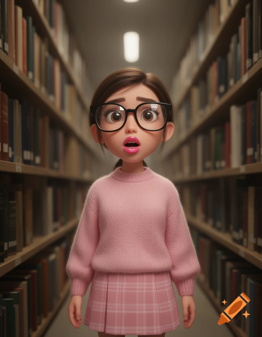 A stylized 3D character of a nerdy woman with big glasses and a pink outfit, standing surprised in a library.