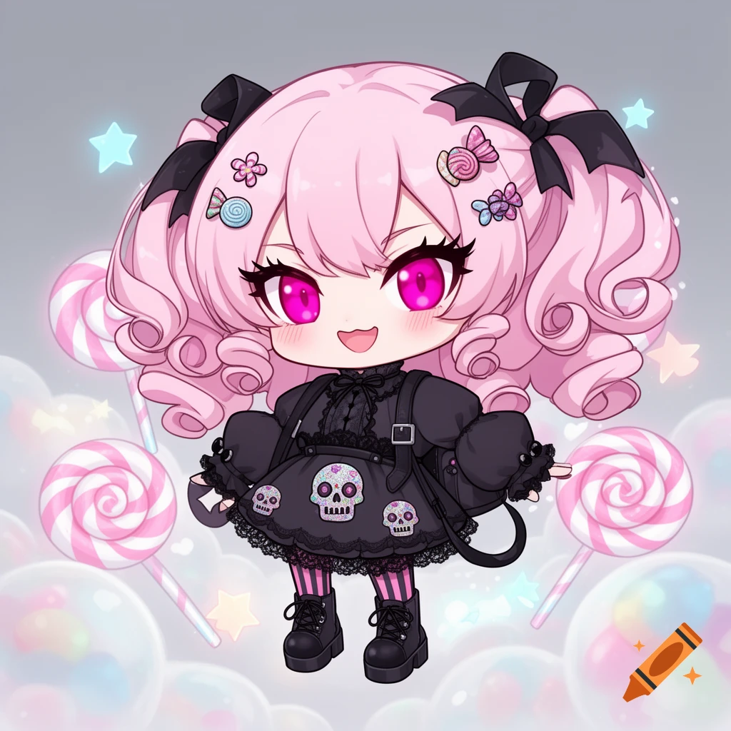 Chibi anime girl with pink curly hair, bright pink eyes, wearing a black goth dress with skull patterns, striped socks, and boots, surrounded by lollipops.