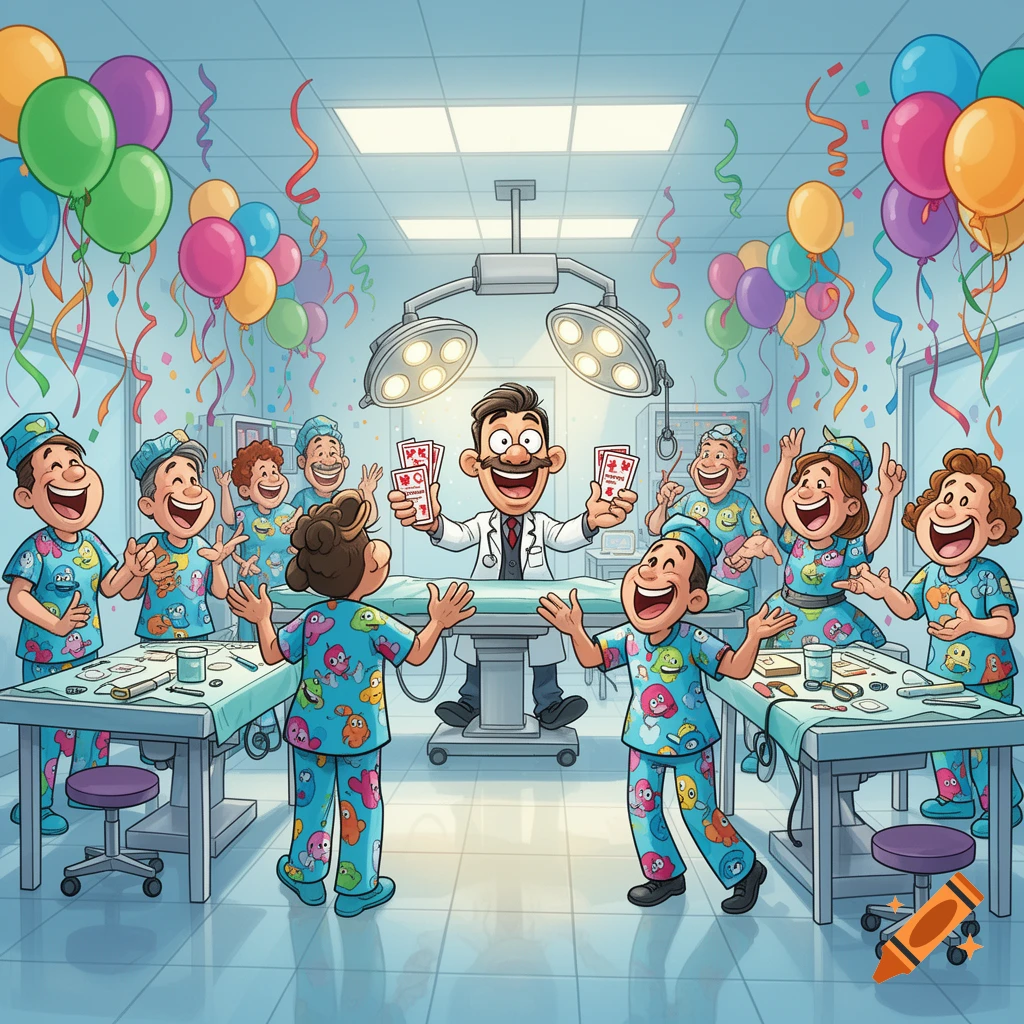 A funny cartoon depicts a doctor holding playing cards surrounded by cheerful nurses in an operating room decorated with balloons.