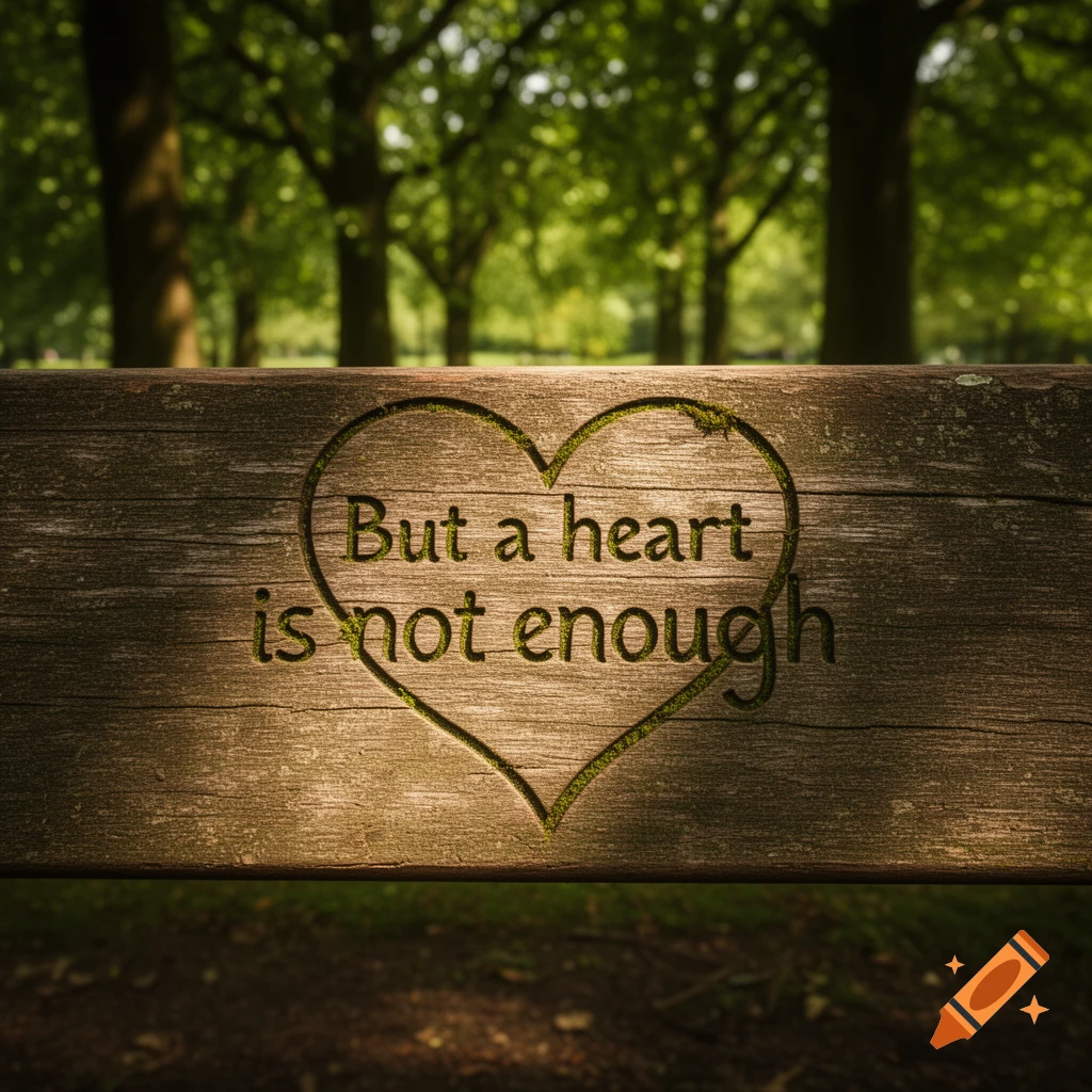 Text 'But a heart is not enough' carved into wood within a heart shape, with a blurred forest background.