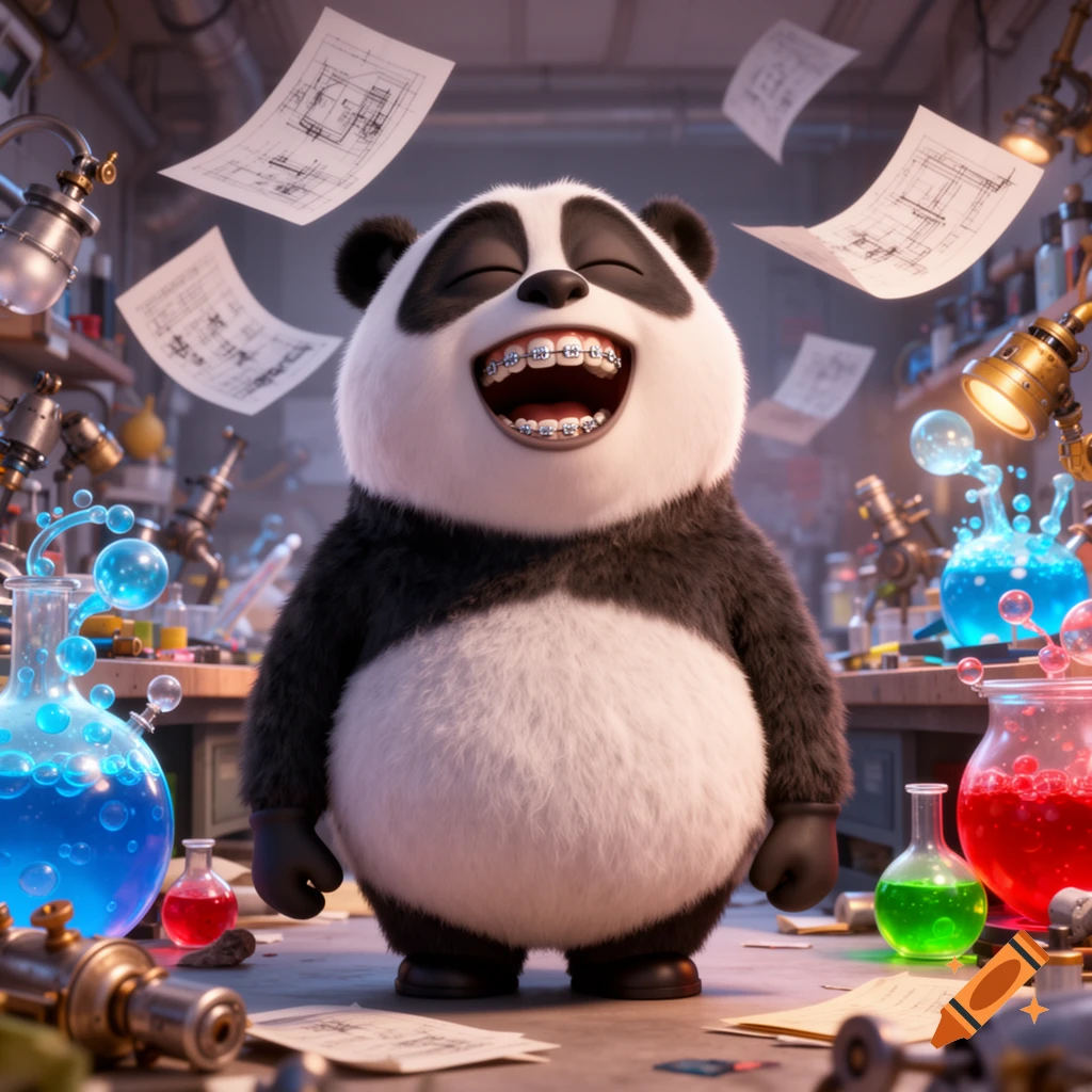 A chubby, animated panda with braces laughs hysterically in a messy, colorful mad scientist lab with bubbling potions and flying blueprints.