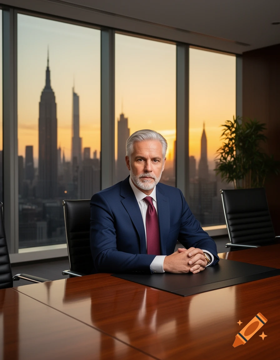Photorealistic portrait of a man in a blue suit at a desk, with a city skyline at sunset.