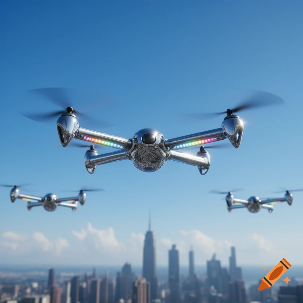 Three chrome-like drones with colorful lights flying over a city skyline under a clear blue sky, photorealistic style.
