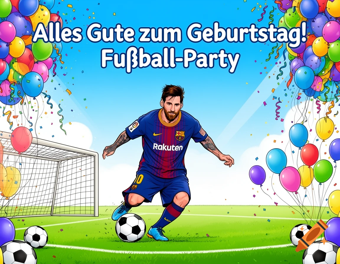 A cartoon-style birthday poster features a football player, inspired by Lionel Messi, kicking a ball on a green field. Colorful balloons, confetti, and a goal post decorate the scene. German text at the top reads 'Alles Gute zum Geburtstag! Fußball-Party.'