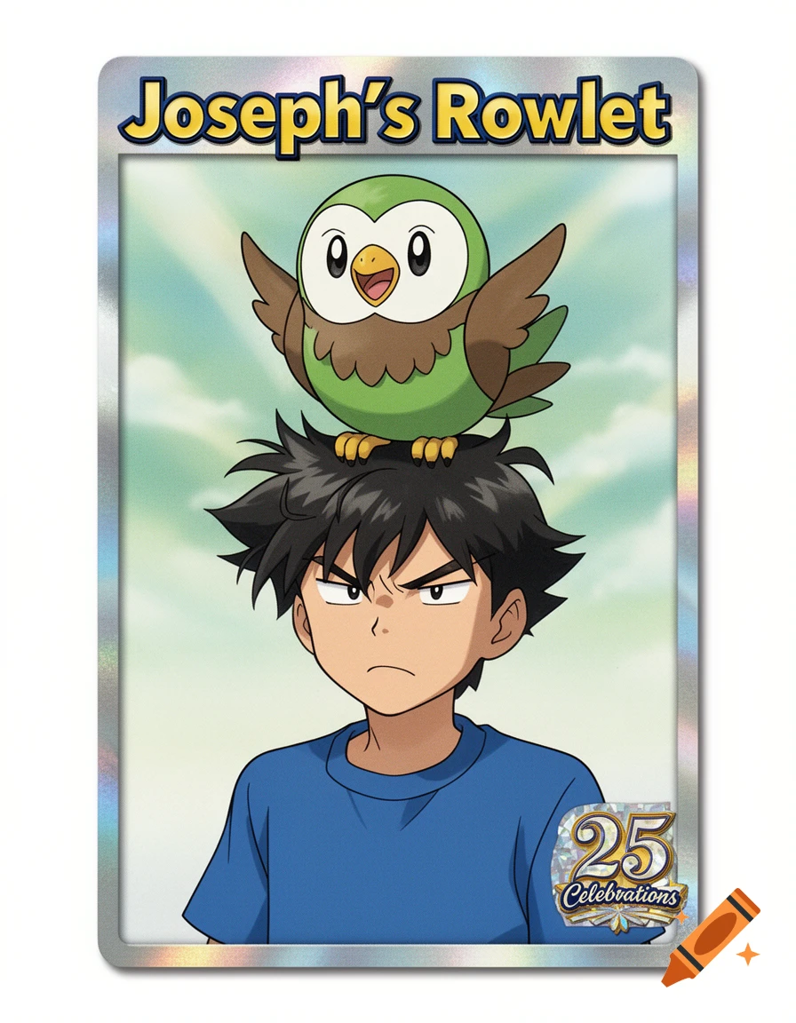A Pokémon trading card with a green Rowlet on an annoyed boy's head, silver border, 'Joseph's Rowlet' text, and '25 Celebrations' logo.