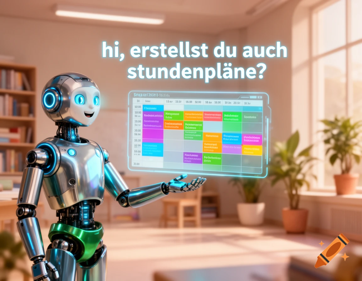 A friendly robot with glowing blue eyes presents a holographic timetable in a bright classroom or office. The text "hi, erstellst du auch stundenpläne?" floats above it.