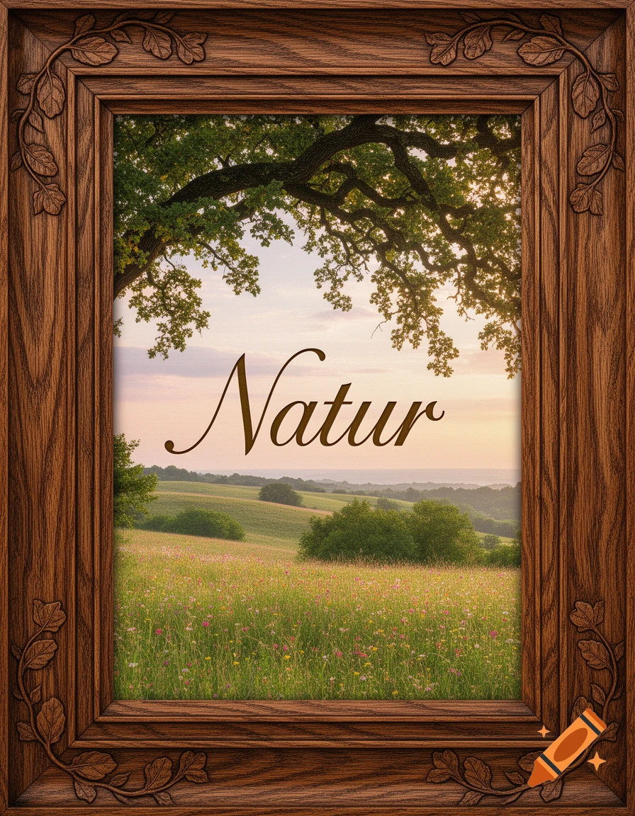 A landscape with rolling hills, trees, and a sunset sky, viewed through a decorative carved wooden frame featuring the word 'Natur'.