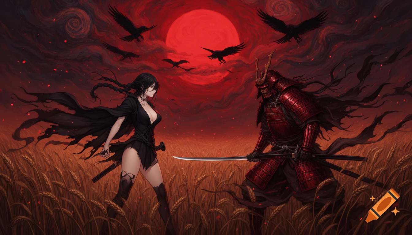 A female samurai in a revealing black outfit faces an armored samurai in a wheat field under a blood-red sky with ravens.