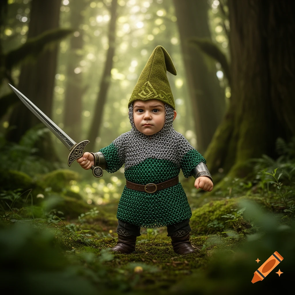 A photorealistic image of a baby dressed in green chainmail and a pointy hat, holding a sword in a misty forest.