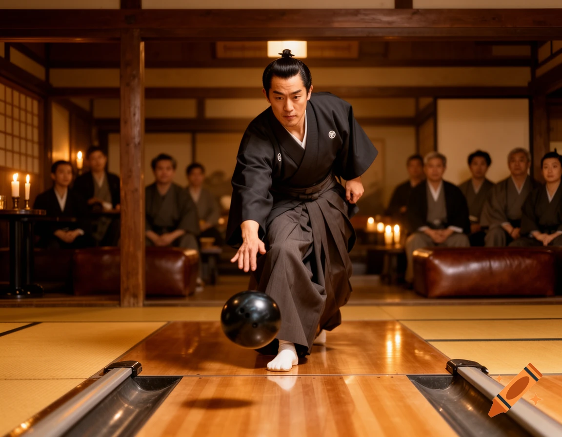 A Japanese man in traditional clothing bowls in a softly lit, old-fashioned room while others watch.