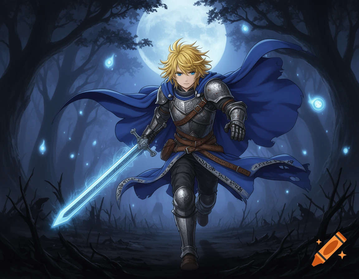 Blonde anime knight in armor and blue cape holds a glowing sword, running through a dark forest under a full moon with luminous spirits.