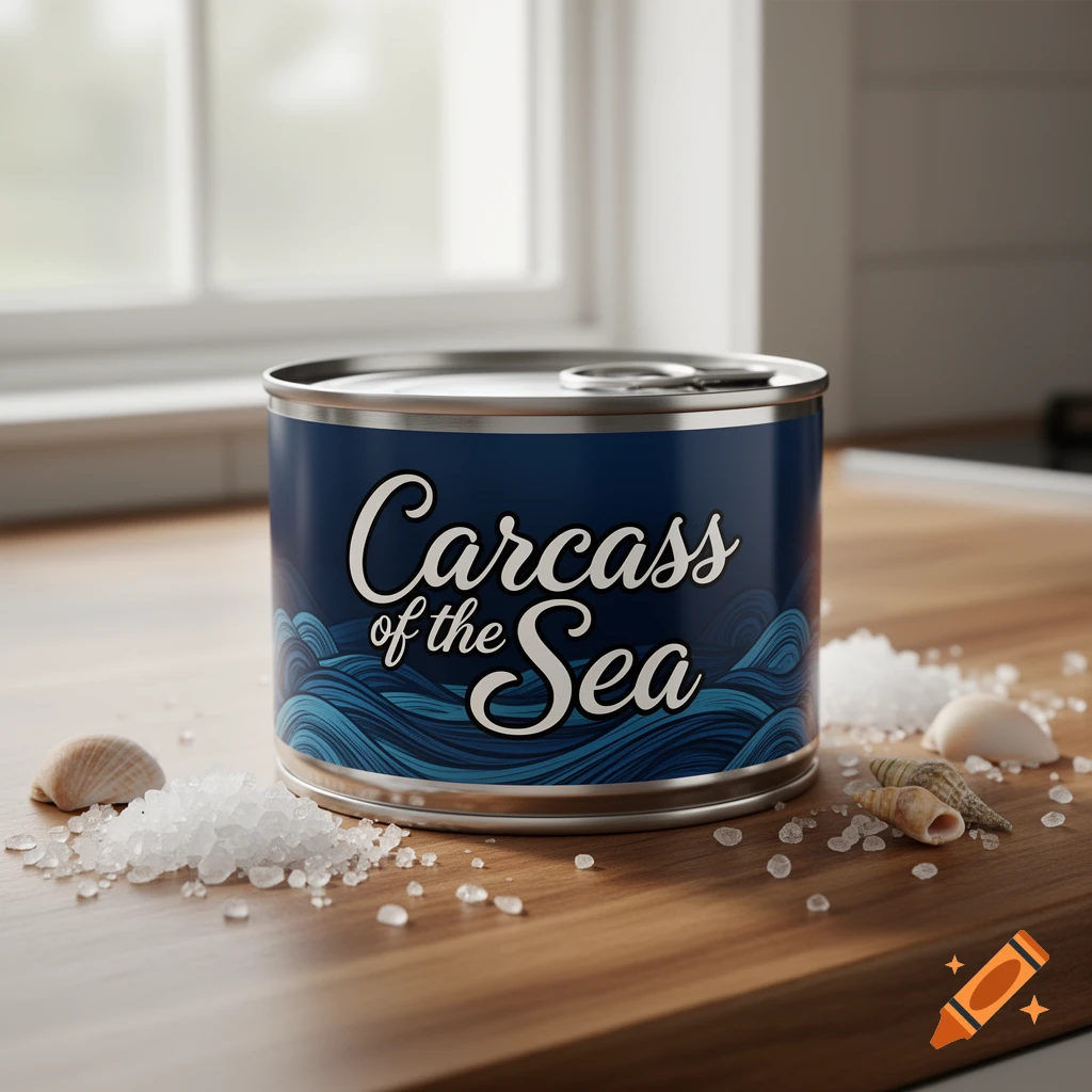 A photorealistic close-up of a blue can labeled 'Carcass of the Sea' with ocean waves, surrounded by sea salt and seashells on a wooden surface, with a window in the background.