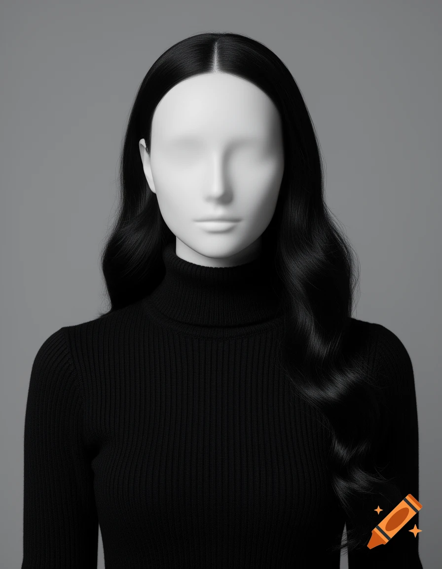 A close-up, front-facing portrait of a faceless mannequin-like woman with long black hair, wearing a black turtleneck sweater on a grey background.