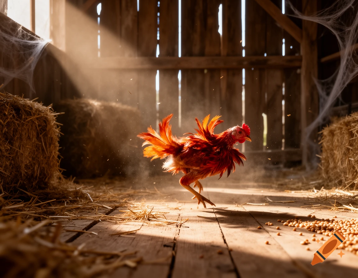 A vibrant reddish-orange chicken jumps on a wooden barn floor, illuminated by golden sunlight streaming through gaps in the weathered planks, surrounded by dust and hay.